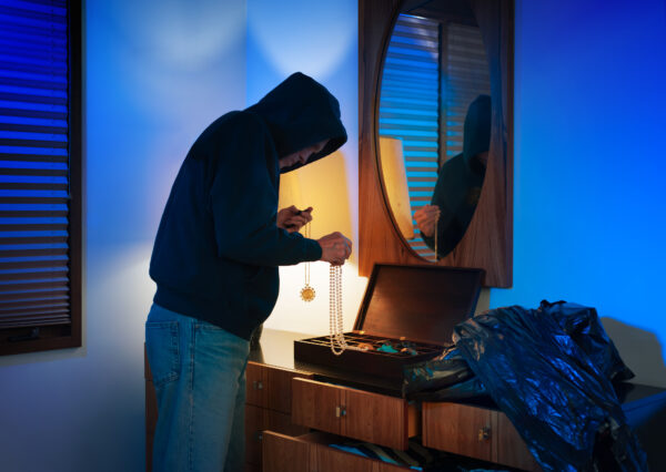 Hooded burglar ransacking a jewelry box in a home
